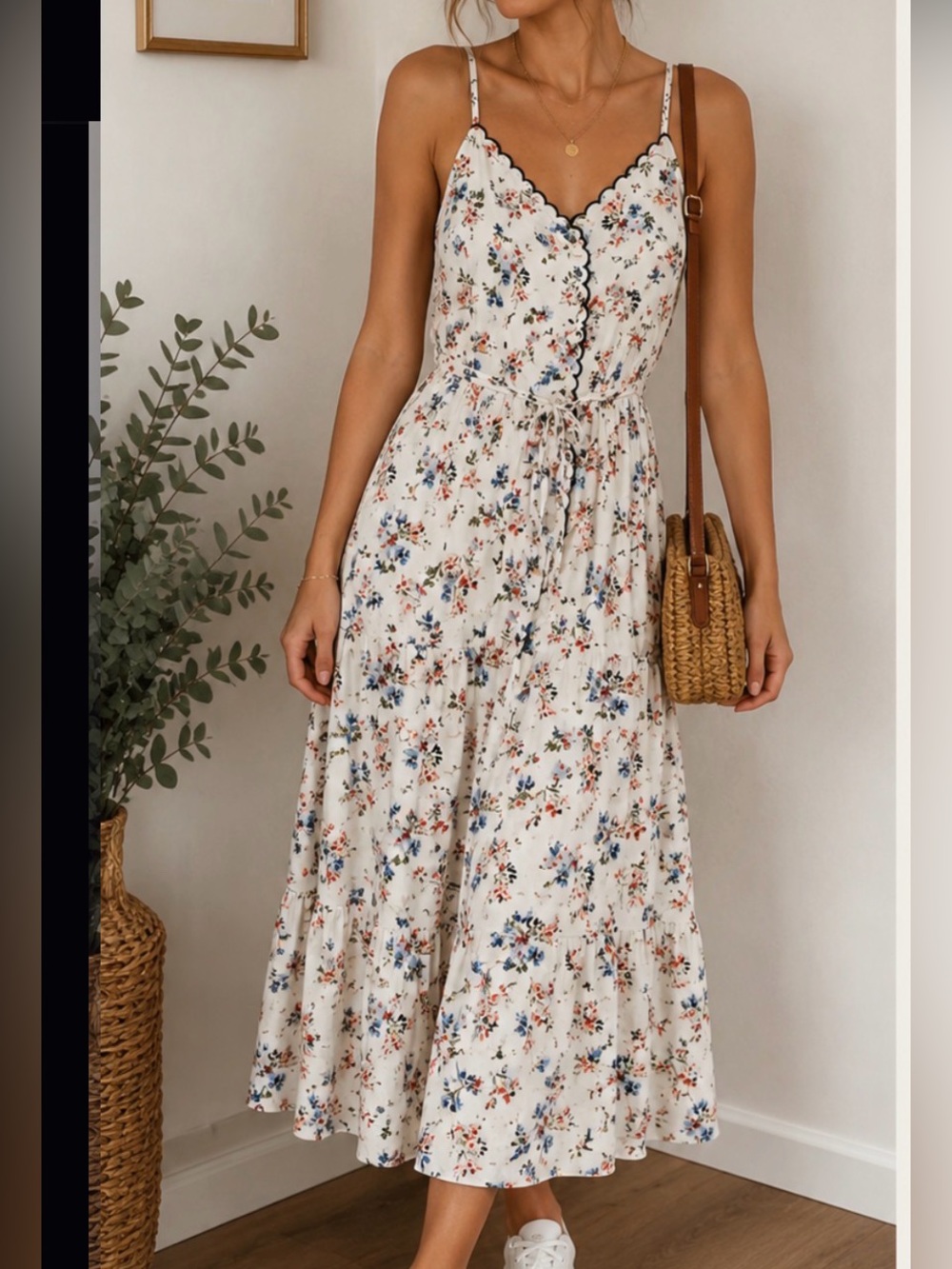 Floral Spaghetti Strap White Midi Dress